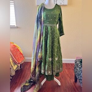 Elegant Silk Green Anarkali Dress with Dupatta